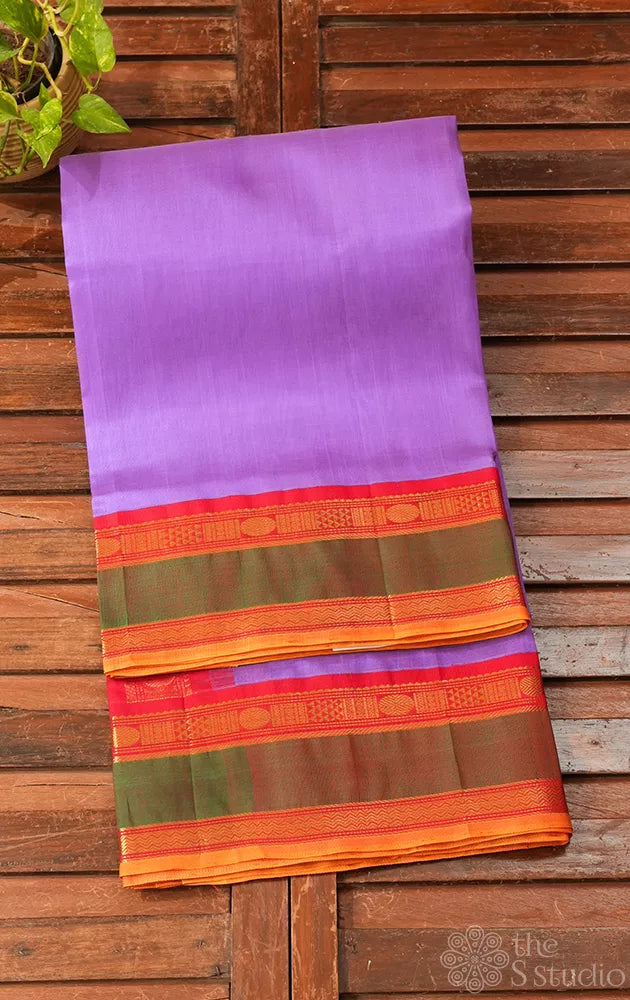 Light violet handwoven silk cotton saree with red rettaipet border