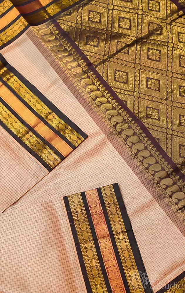 Light brown checked handloom silk cotton saree with korvai border