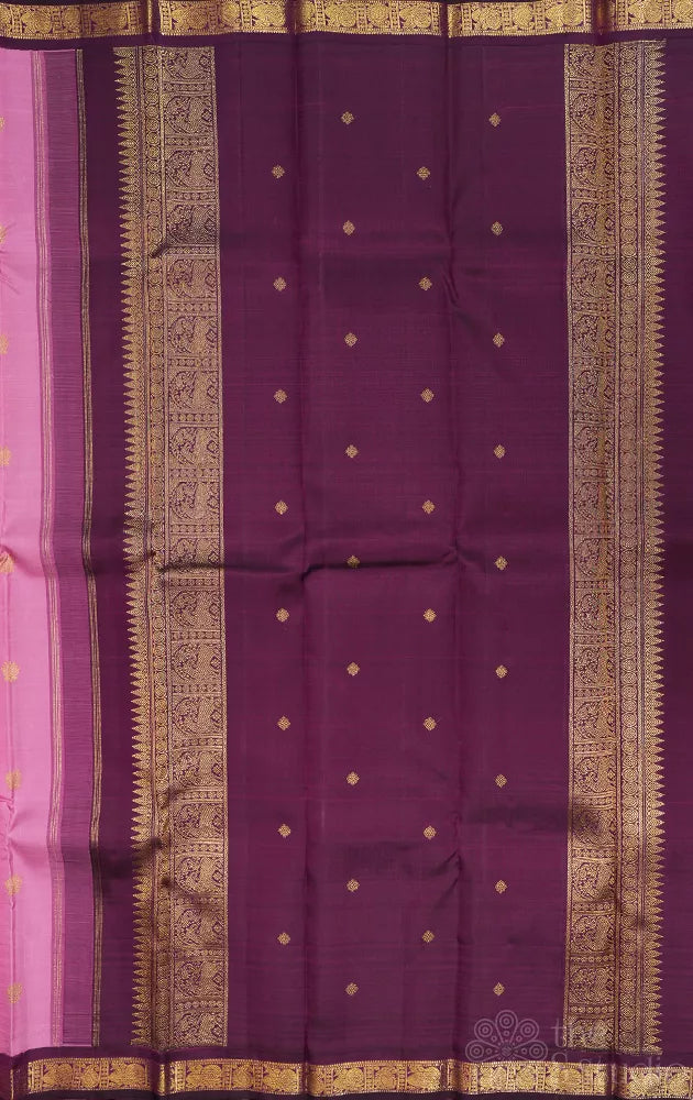 Onion pink kanchi silk saree with small korvai purple border