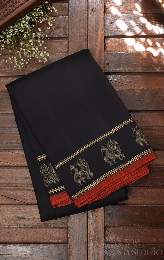 Dark brown adai woven kanjeevaram silk saree with annam motifs