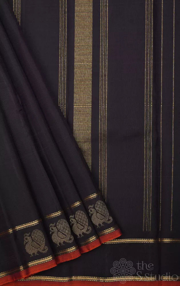 Dark brown adai woven kanjeevaram silk saree with annam motifs