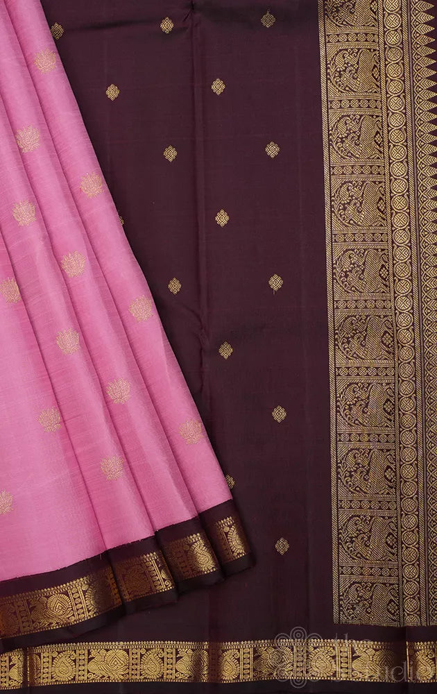 Lotus pink kanjivaram silk saree with small brown border