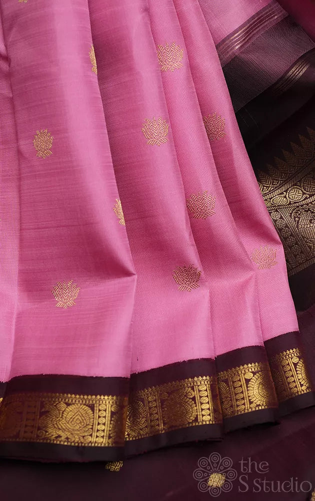 Lotus pink kanjivaram silk saree with small brown border