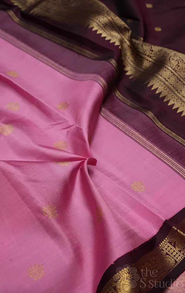 Lotus pink kanjivaram silk saree with small brown border