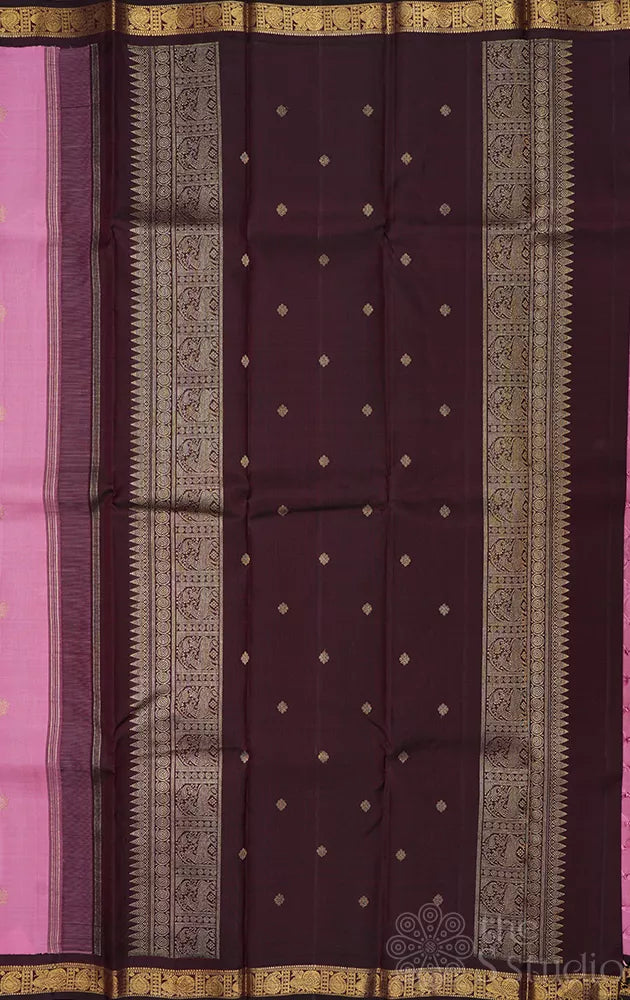 Lotus pink kanjivaram silk saree with small brown border