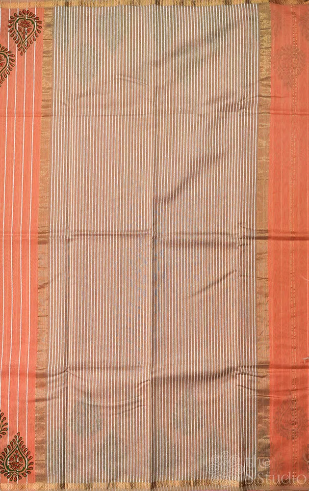 Light orange maheshwari silk cotton saree with block printing on border