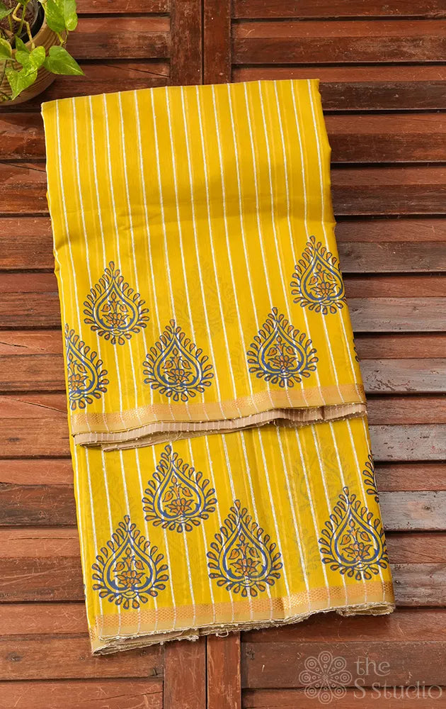 Lemon yellow maheshwari silk cotton saree with block printing  on border
