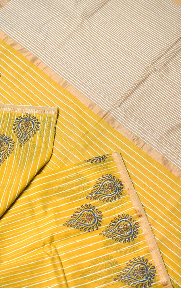 Lemon yellow maheshwari silk cotton saree with block printing  on border
