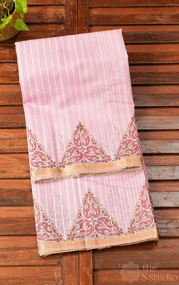 Light pink maheshwari silk cotton saree with block printing  on border