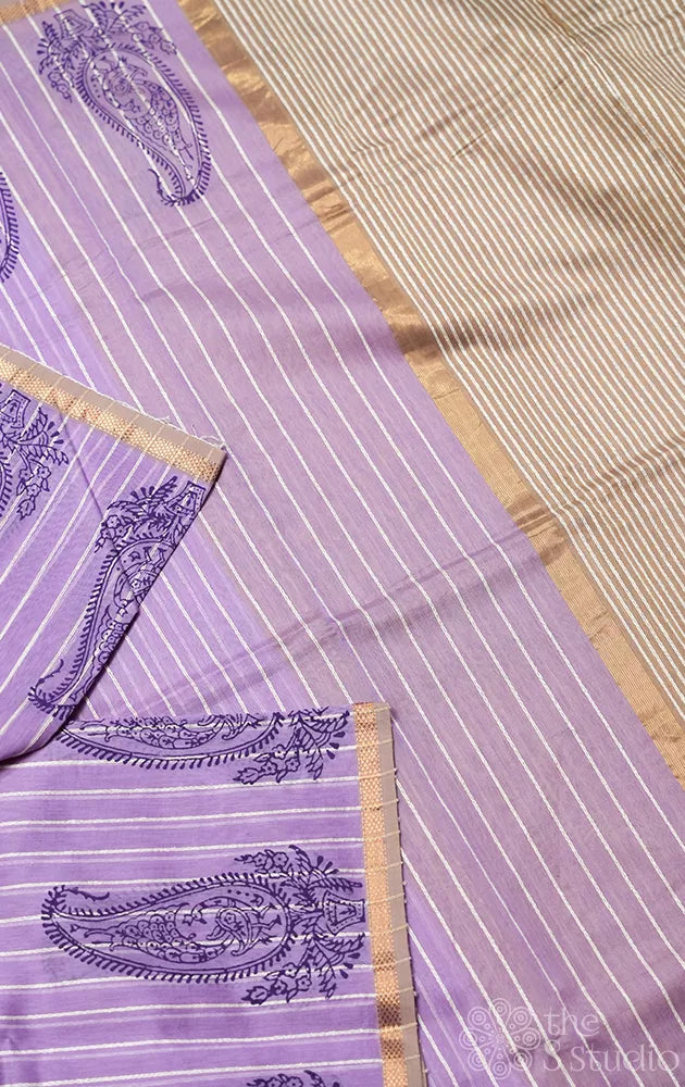 Lavender maheshwari silk cotton saree with block printing  on border
