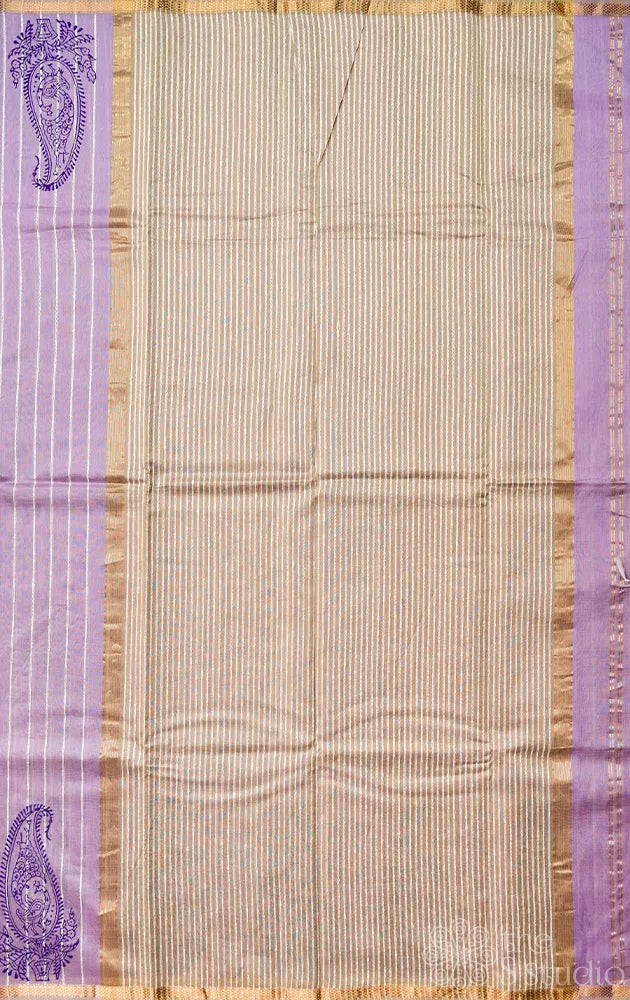 Lavender maheshwari silk cotton saree with block printing  on border