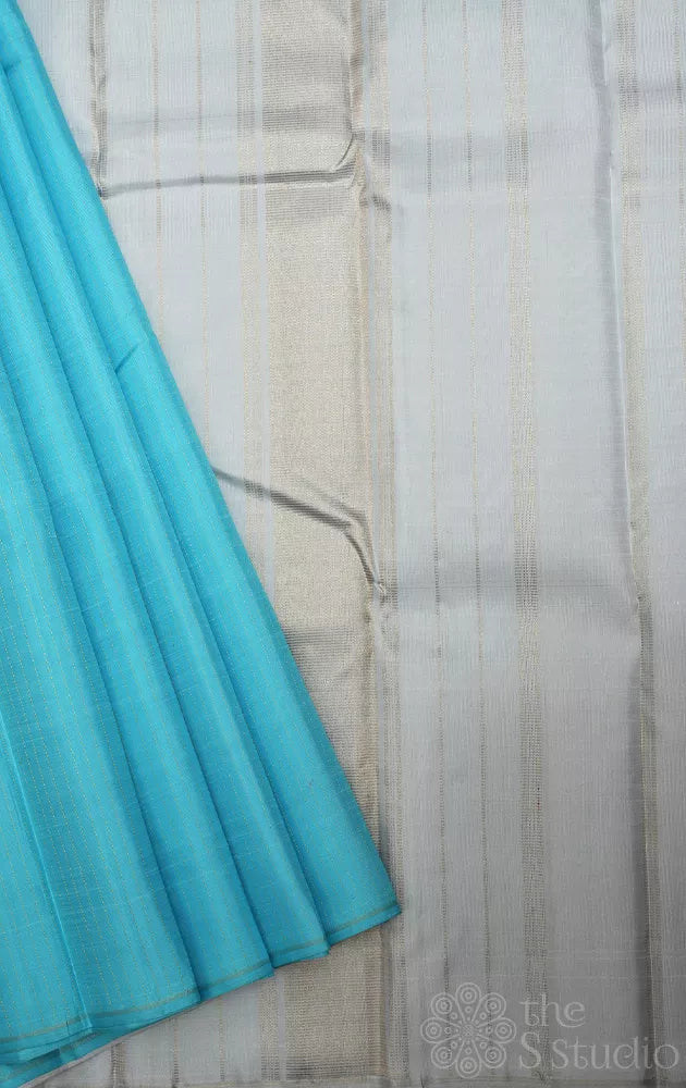 Aqua blue Kanjivaram silk saree with vertical thread lines