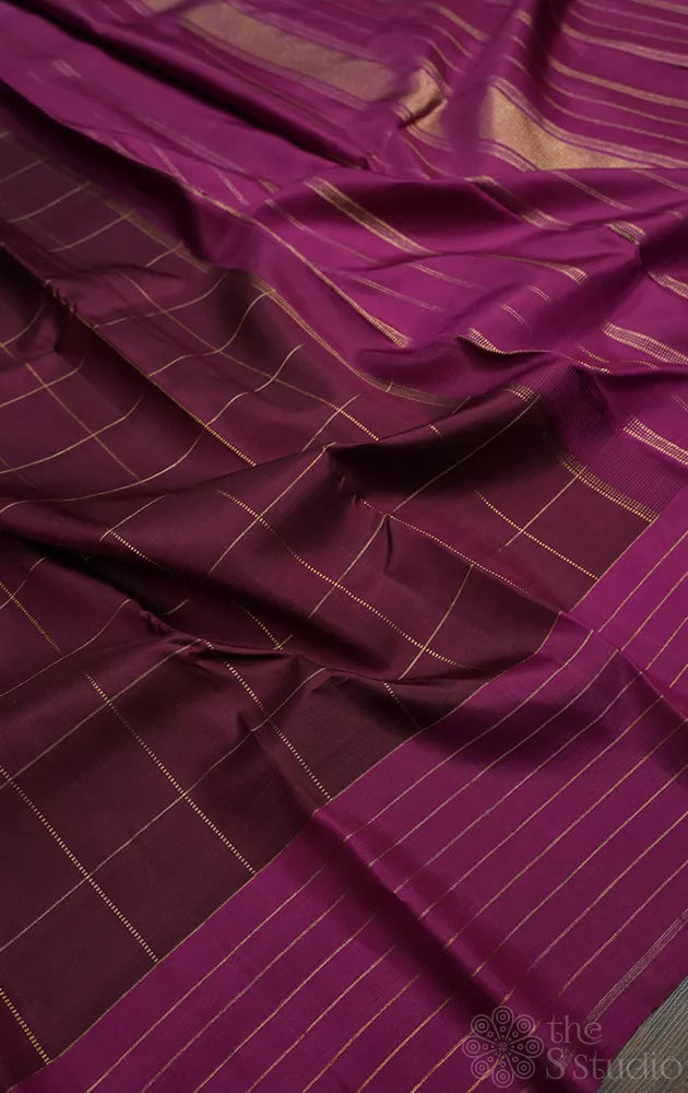 Brown checked kanchi silk saree with magenta border