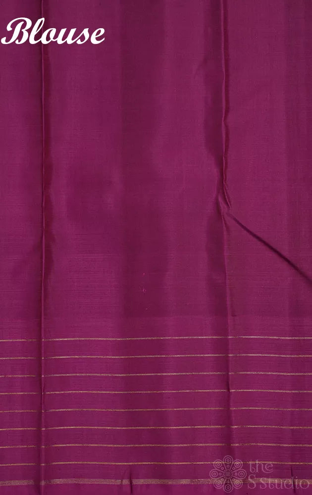 Brown checked kanchi silk saree with magenta border