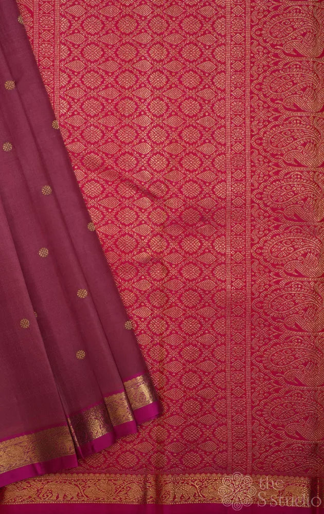 Pomegranate pink kora kanchipuram silk saree with small border