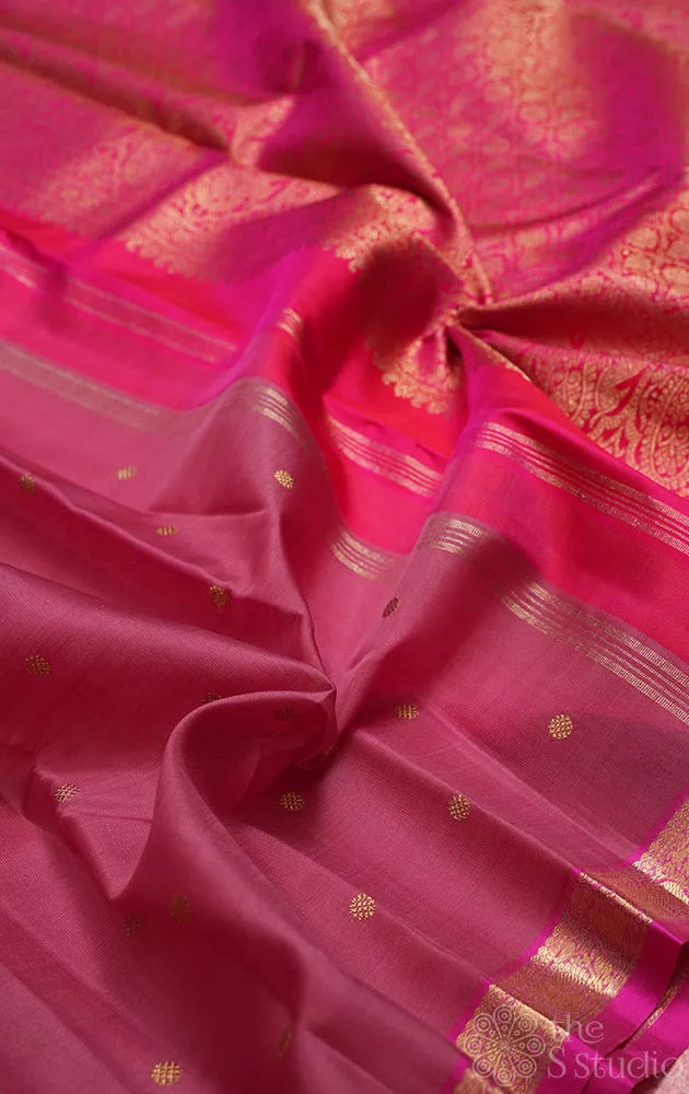 Pomegranate pink kora kanchipuram silk saree with small border