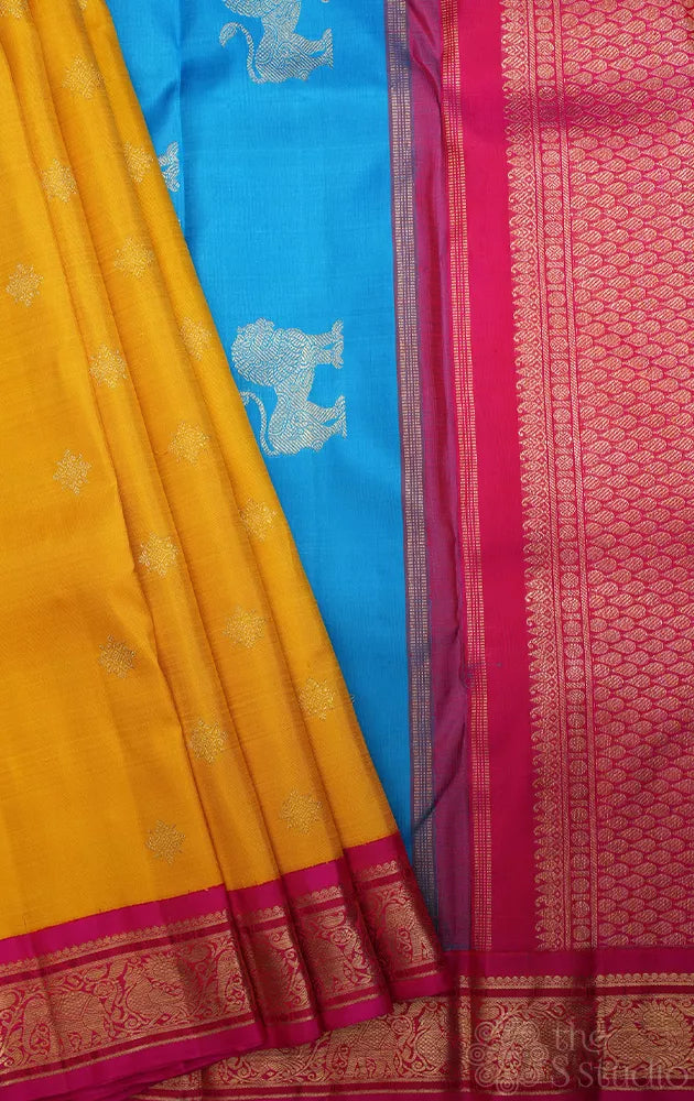 Mango yellow ganga jamuna kanchi pattu saree with double pallu