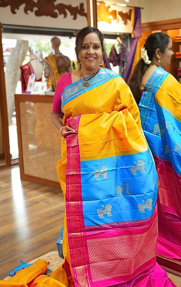 Mango yellow ganga jamuna kanchi pattu saree with double pallu