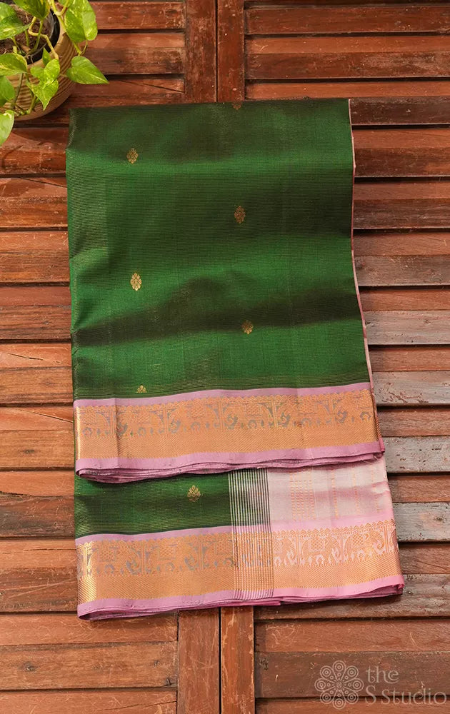 Green vairaoosi silk cotton saree with light pink zari border