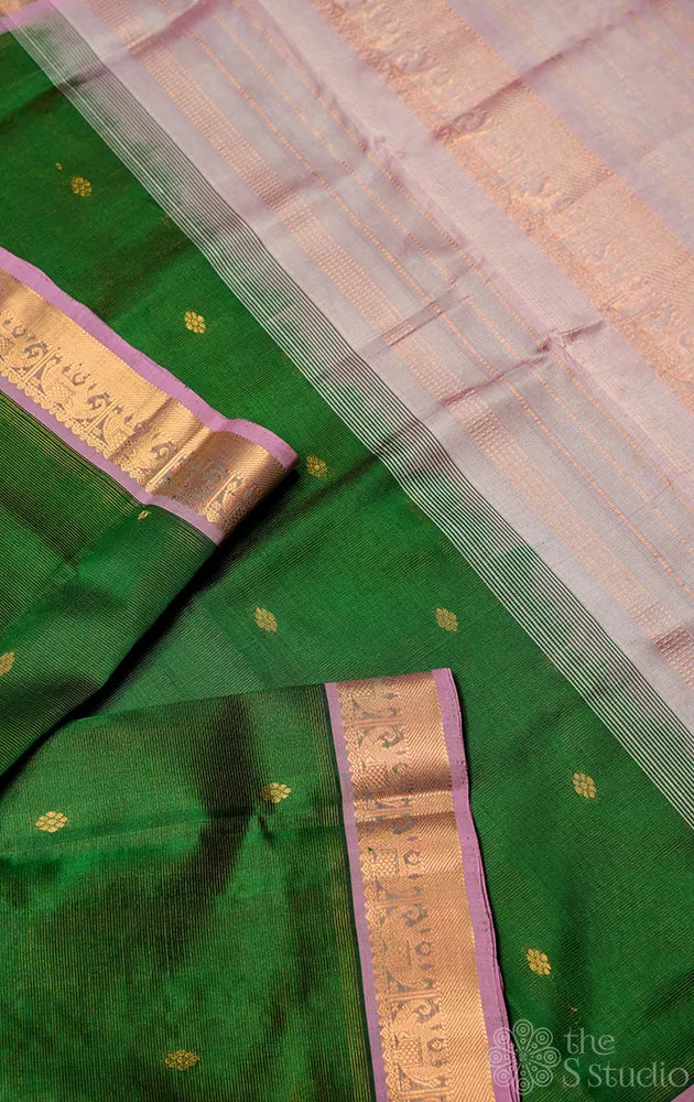 Green vairaoosi silk cotton saree with light pink zari border