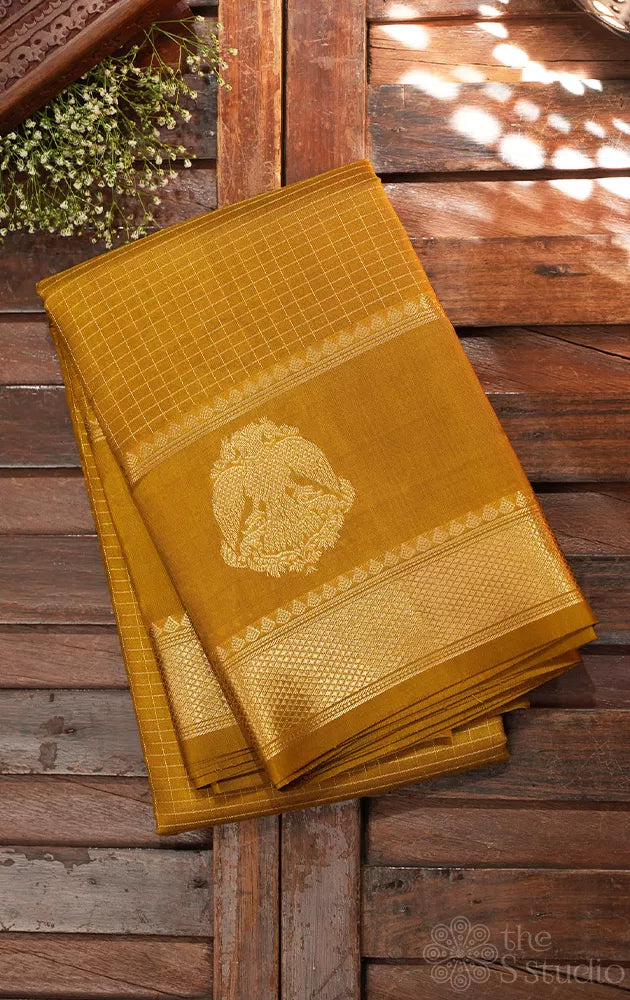 Methi mustard small zari checks kanchipuram silk saree