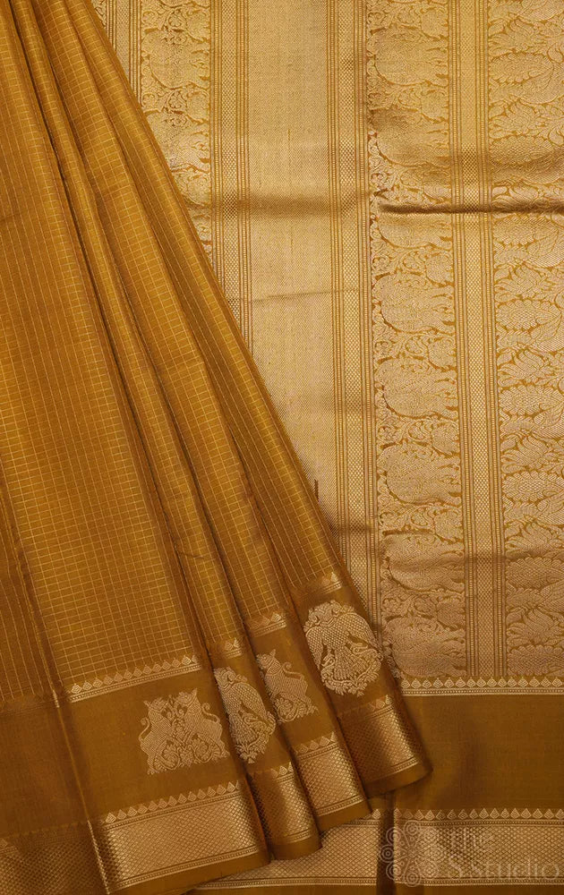 Methi mustard small zari checks kanchipuram silk saree