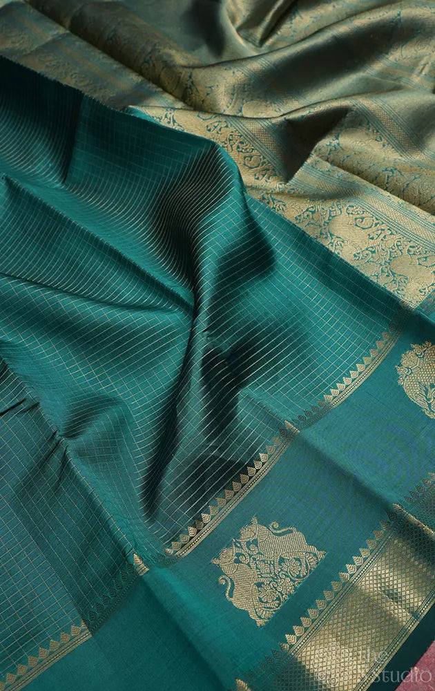 Rama blue small zari checks kanchipuram silk saree