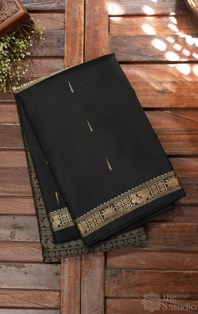 Deep black kanjivaram silk saree with long border
