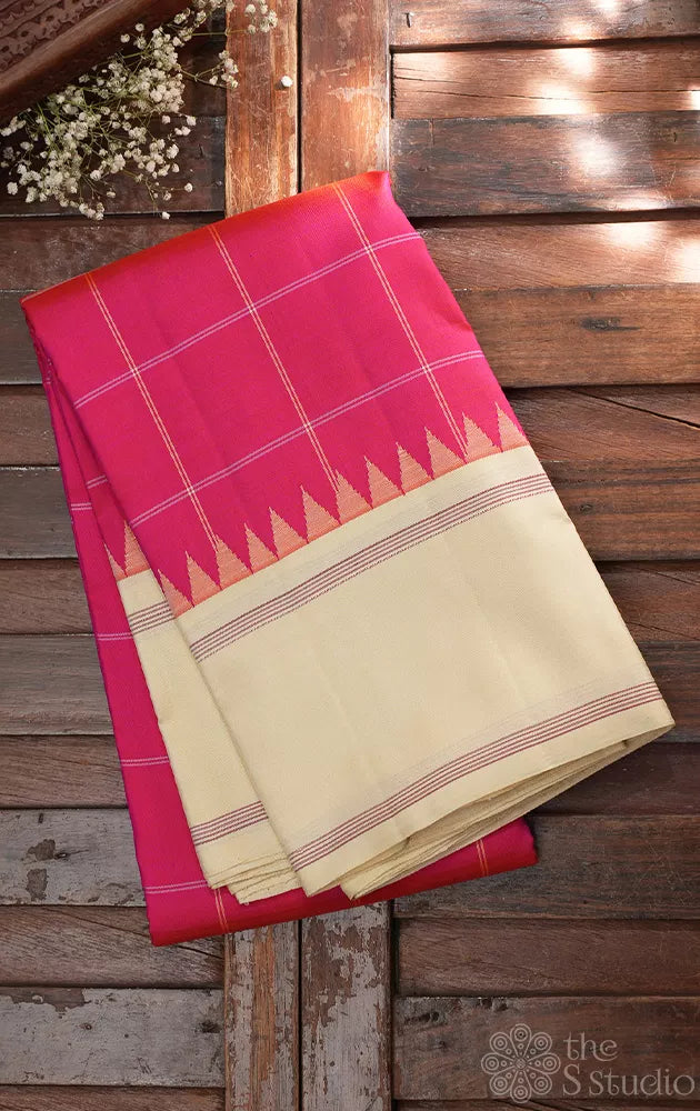 Rose thread checks kanchi silk saree with off white border