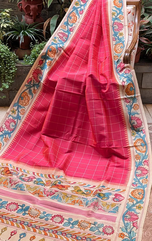 Rose kanchipuram silk saree with handpainted kalamkari border
