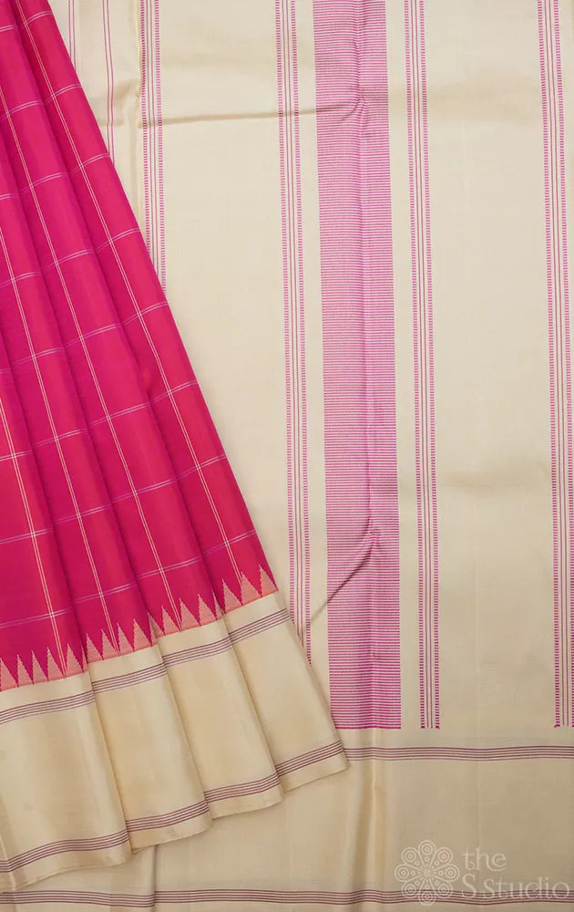 Rose thread checks kanchi silk saree with off white border