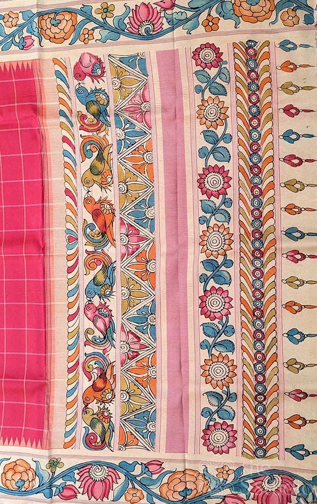 Rose kanchipuram silk saree with handpainted kalamkari border