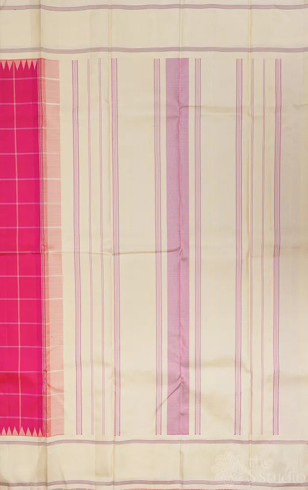 Rose thread checks kanchi silk saree with off white border