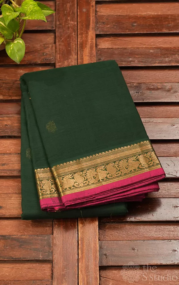 Dark green handloom kanchi cotton saree with zari woven border