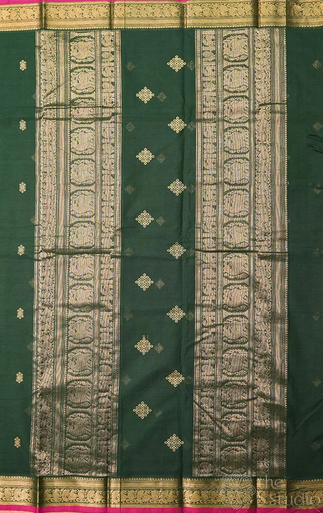 Dark green handloom kanchi cotton saree with zari woven border