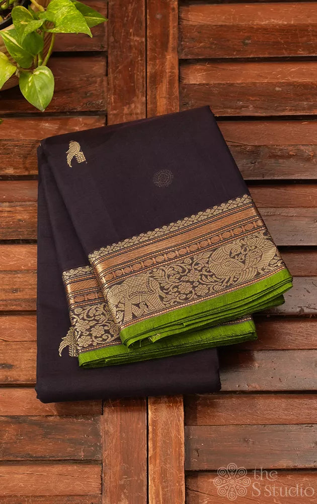 Dark violet colour handloom kanchi cotton saree with green selvedge