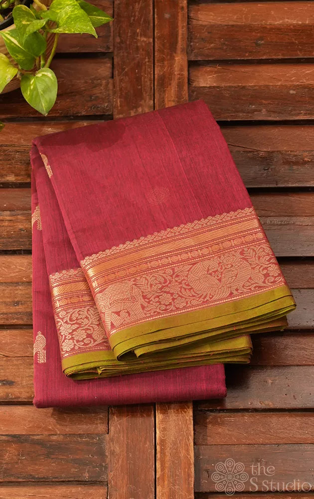 Pomegranate pink handwoven kanchi cotton saree with small border