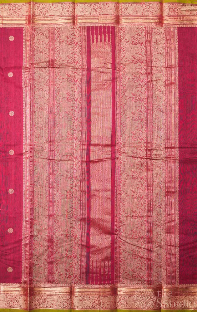 Pomegranate pink handwoven kanchi cotton saree with small border