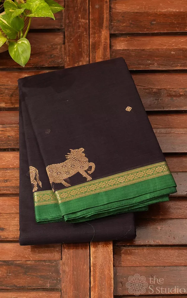Dark brown handloom kanchi cotton saree with small border and rich pallu