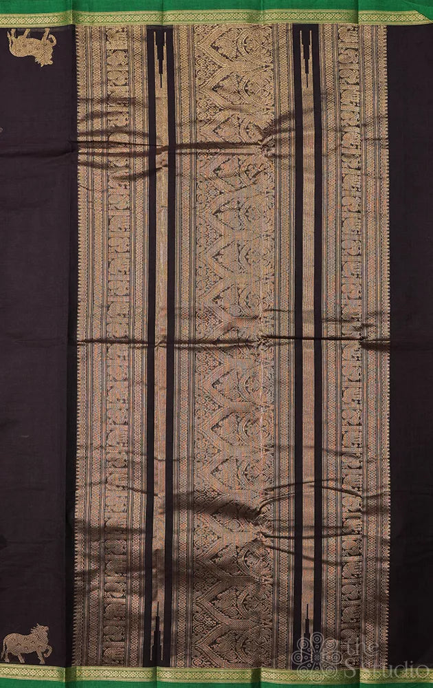 Dark brown handloom kanchi cotton saree with small border and rich pallu