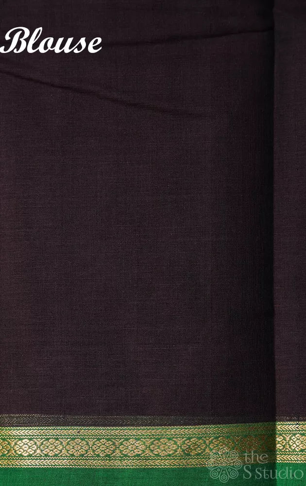 Dark brown handloom kanchi cotton saree with small border and rich pallu
