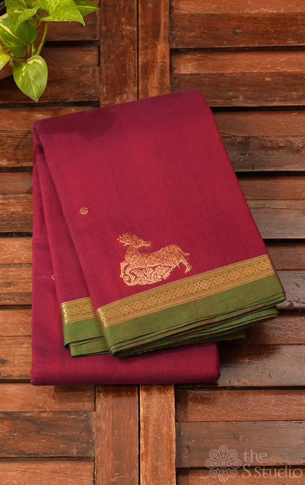 Maroon handloom kanchi cotton saree with small border and rich pallu