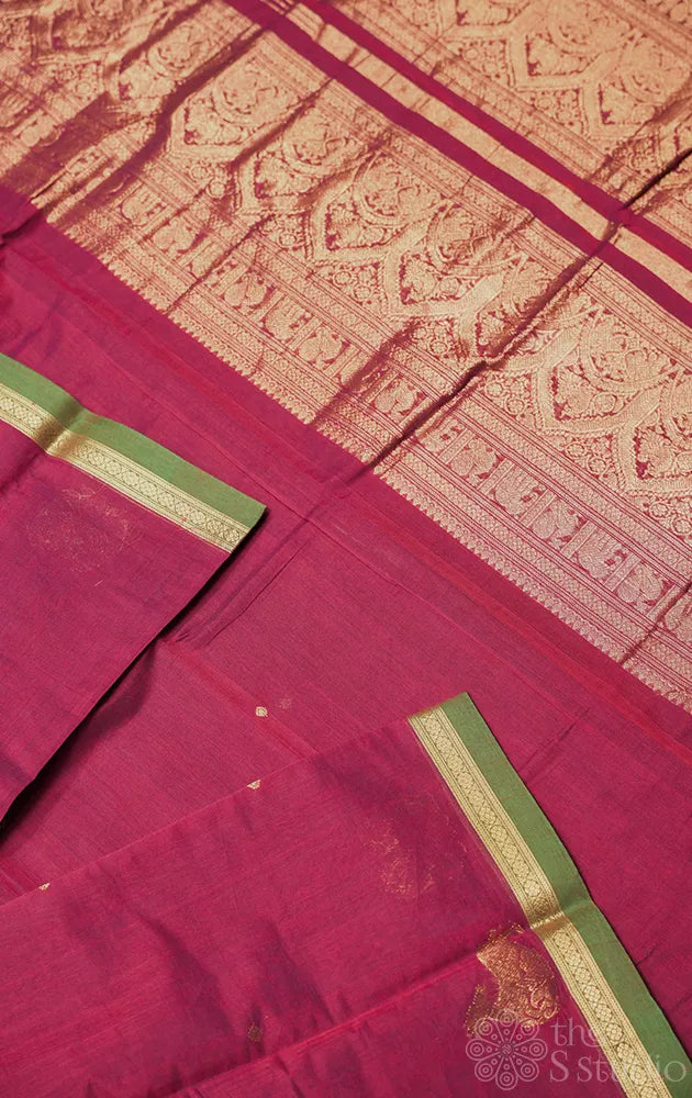 Maroon handloom kanchi cotton saree with small border and rich pallu