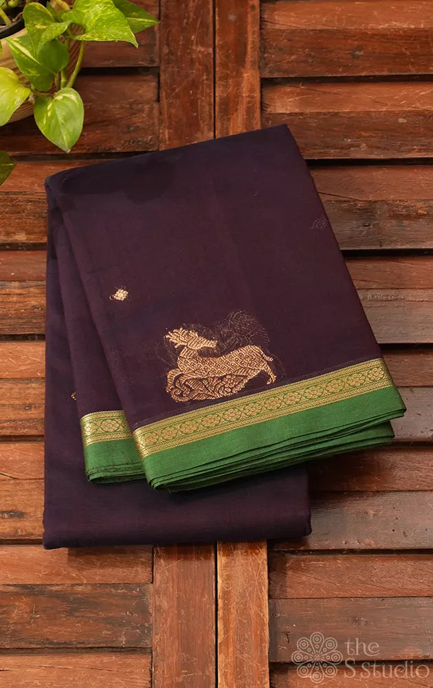 Dark brown colour kanchi cotton saree with deer motifs and rich pallu