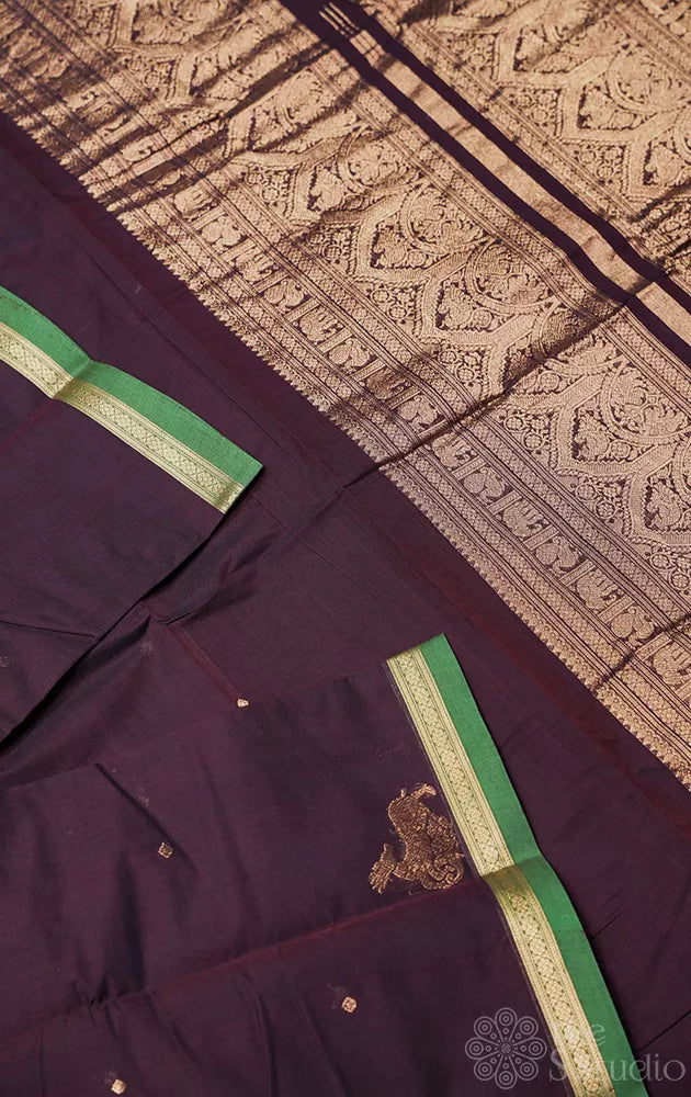 Dark brown colour kanchi cotton saree with deer motifs and rich pallu