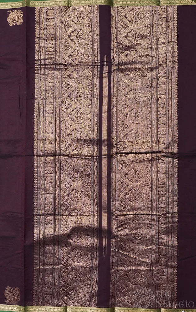 Dark brown colour kanchi cotton saree with deer motifs and rich pallu