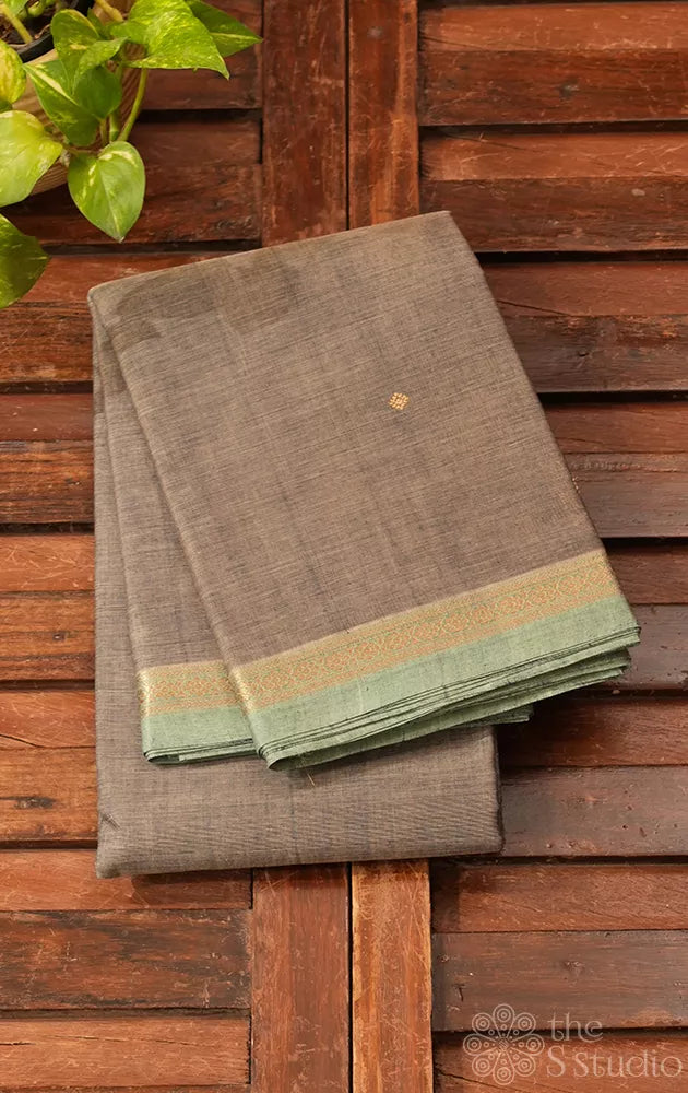 Grey handloom kanchi cotton saree with blue small border