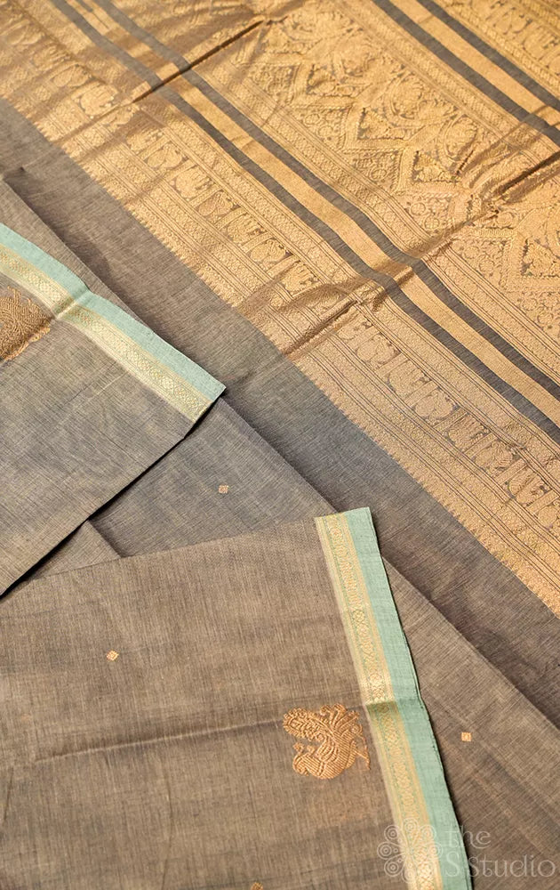 Grey handloom kanchi cotton saree with blue small border