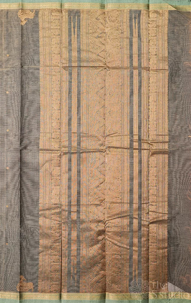 Grey handloom kanchi cotton saree with blue small border