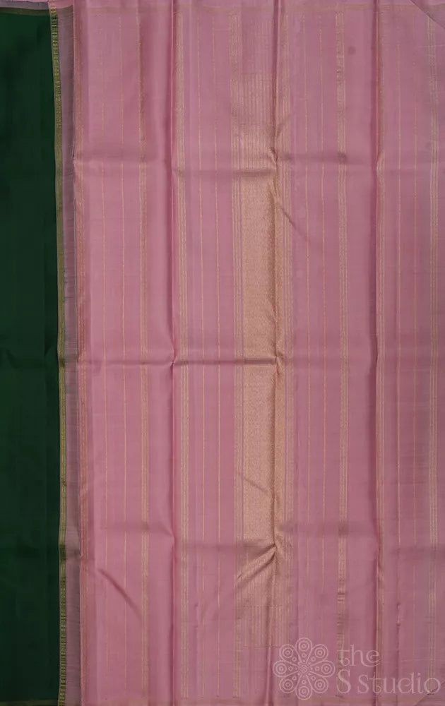 Green plain kanchi silk saree with onion pink pallu
